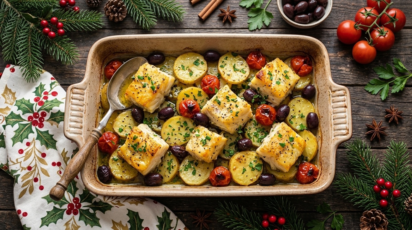 Baccalà al forno con patate, olive e pomodorini
